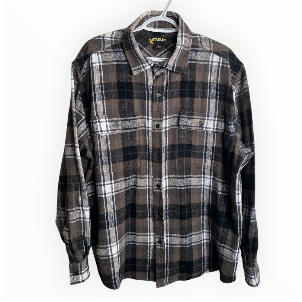 Stanley Mens Flannel Shirt Large Brown Black Plaid Long Sleeve Button Up Cotton